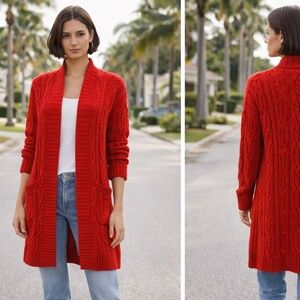 Lauren Ralph Lauren Red Cable Knit Long Cardigan Cozy Classic Size S